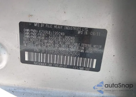 2011 Subaru Impreza 2.5I from USA, damaged, VIN JF1GH6A62BH825058